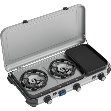 Campingaz Campingküche 2 Multi-Cook Campingkocher – 3-teilige Kochfläche – elektronische Zündung – Silbergrau