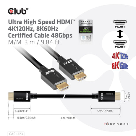 Club 3D Ultra-High-Speed-HDMI-2.1-zertifiziertes Kabel männlich-männlich (schwarz, 3 Meter, 4K 120 Hz, 8K 60 Hz, 48 Gbit/s)