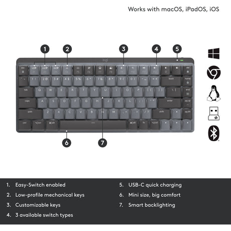 Mechanische Mini-Tastatur Logitech MX (schwarz, US-internationales Layout (QWERTY), GL-taktil, 80 % (TKL), Bluetooth)