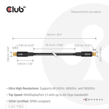 Club 3D Mini DisplayPort auf Mini DisplayPort DP80 Bidirektionales Kabel (Schwarz, 1 Meter, Vesa-zertifiziert)