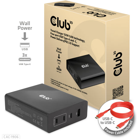 Club 3D Reiseladegerät 132 W Gan-Technologie, vier USB-Anschlüsse Typ A und C (schwarz, Power Delivery (PD) 3.0)