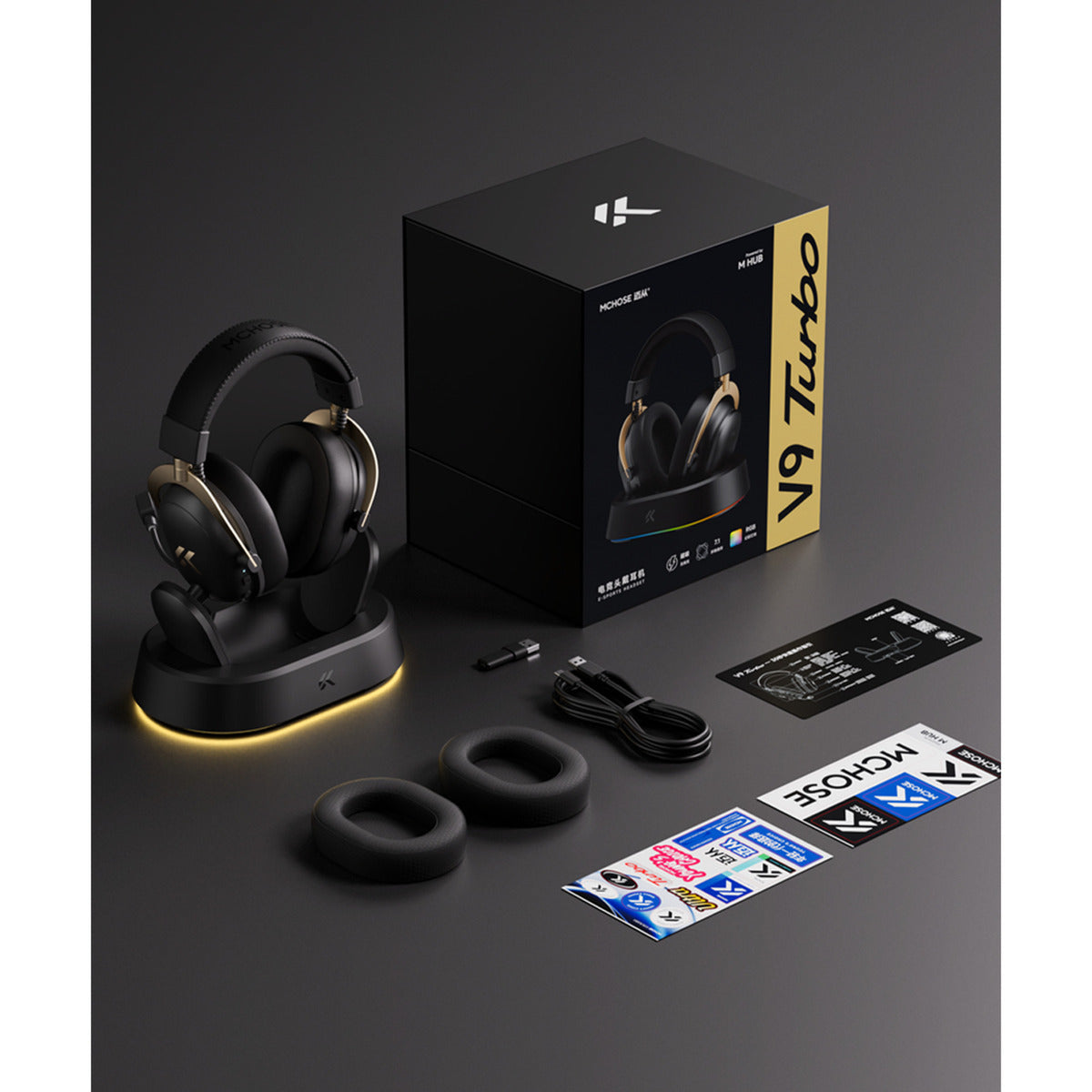 Mchose v9 turbo+ magnetic wireless over-ear gaming headset (zwart, nintendo switch, playstation 4, playstation 5, mobiel, pc, 2.4g bluetooth usb)