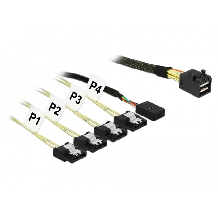 Delock mini SAS HD SFF-8643 > 4x SATA 7-Pin Adapter (schwarz, 1 Meter + Seitenband 1 m Metall)