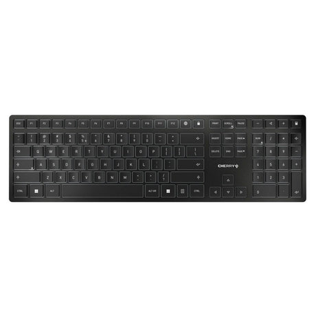 Cherry KW 9100 Slim, Tastatur (Schwarz Silber, EU-Layout (QWERTY), Scherenschalter, ABS, USB-C, 2,4 GHz, Bluetooth)