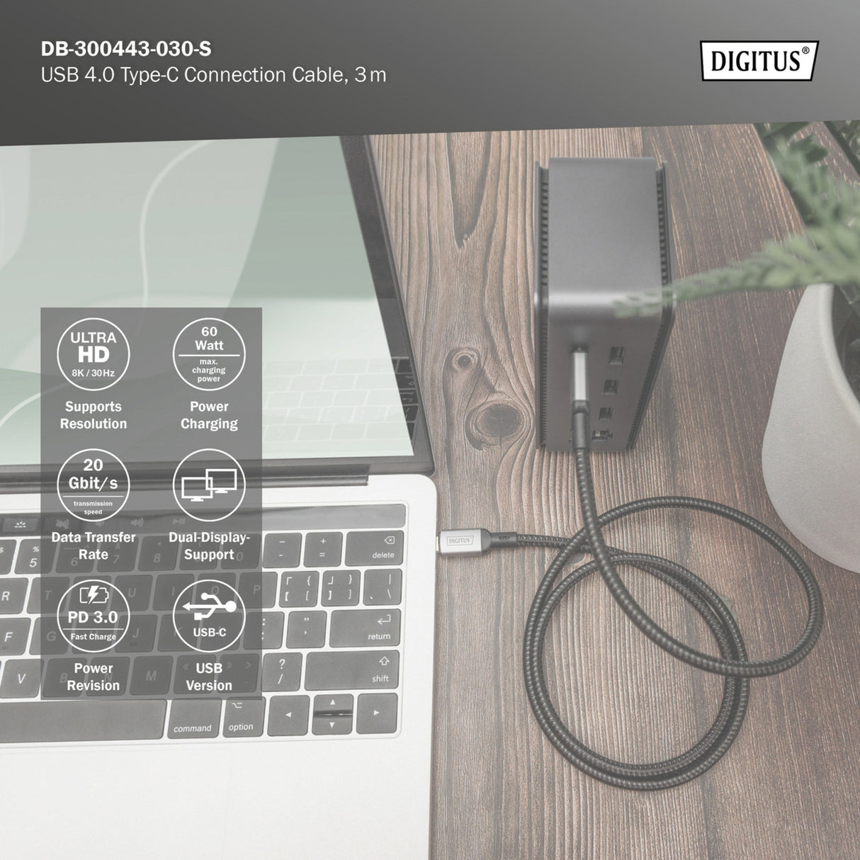 Digitus USB-C 4 gen2 USB-C Verbindungskabel (schwarz grau, 3 Meter)