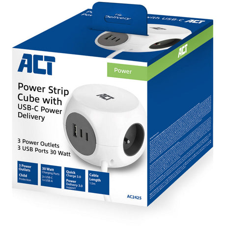 Act-Konnektivität: Act-Steckdosenleiste mit 3 Steckdosen, 30 W Stromversorgung, USB-C-A-Anschlüssen, Kabellänge 1,5 m, AC2425