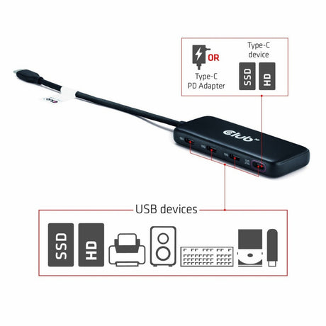Club 3D USB-C 4-Port 10G Daten-Hub mit PD3.0 USB-Hub (Schwarz)