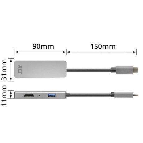 Act Connectivity USB-C 4K-Multiport-Adapter für 2 HDMI-Bildschirme, USB-A-Datenanschluss (Aluminium)