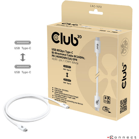 Club 3D USB-C 80 Gbit/s zertifiziertes 240 W 8K 240 Hz Kabel (weiß, 1,2 m)