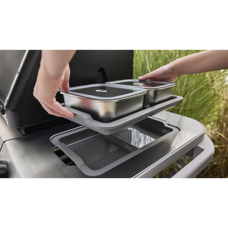 Weber Works Zubereitungs- und Servierset Behälter (Edelstahl grau, 2 Lebensmittelbehälter aus Edelstahl, 2 Tabletts, 1,8 Liter pro Behälter)