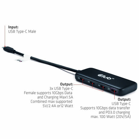 Club 3D USB-C 4-Port 10G Daten-Hub mit PD3.0 USB-Hub (Schwarz)