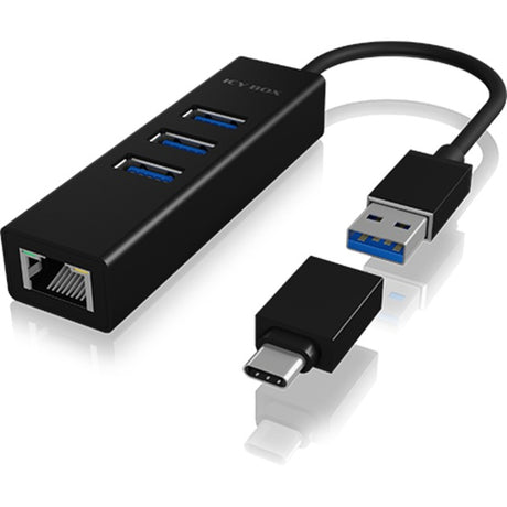 Icy Box ib-hub1419-lan USB-Hub (schwarz, 3x USB-A 3.2 (5 Gbit s), 1x LAN)