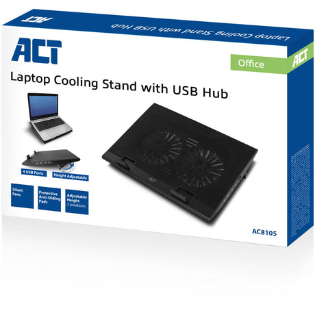 Act Connectivity Laptopständer, mit Lüfter, höhenverstellbar in 2 Positionen (schwarz, 4-Port USB 2.0 Hub)