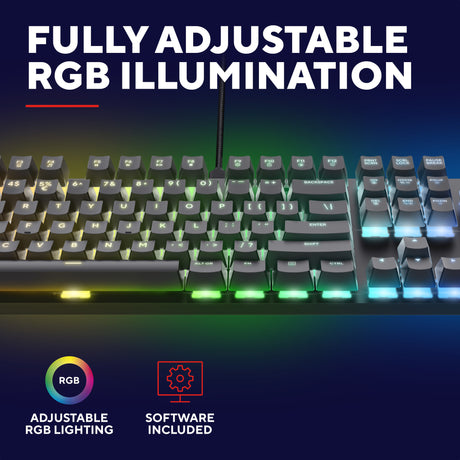 Mechanische Gaming-Tastatur Trust GXT 871 Zora (Schwarz, US-Layout (QWERTY), Huano Red, 100 %, RGB)