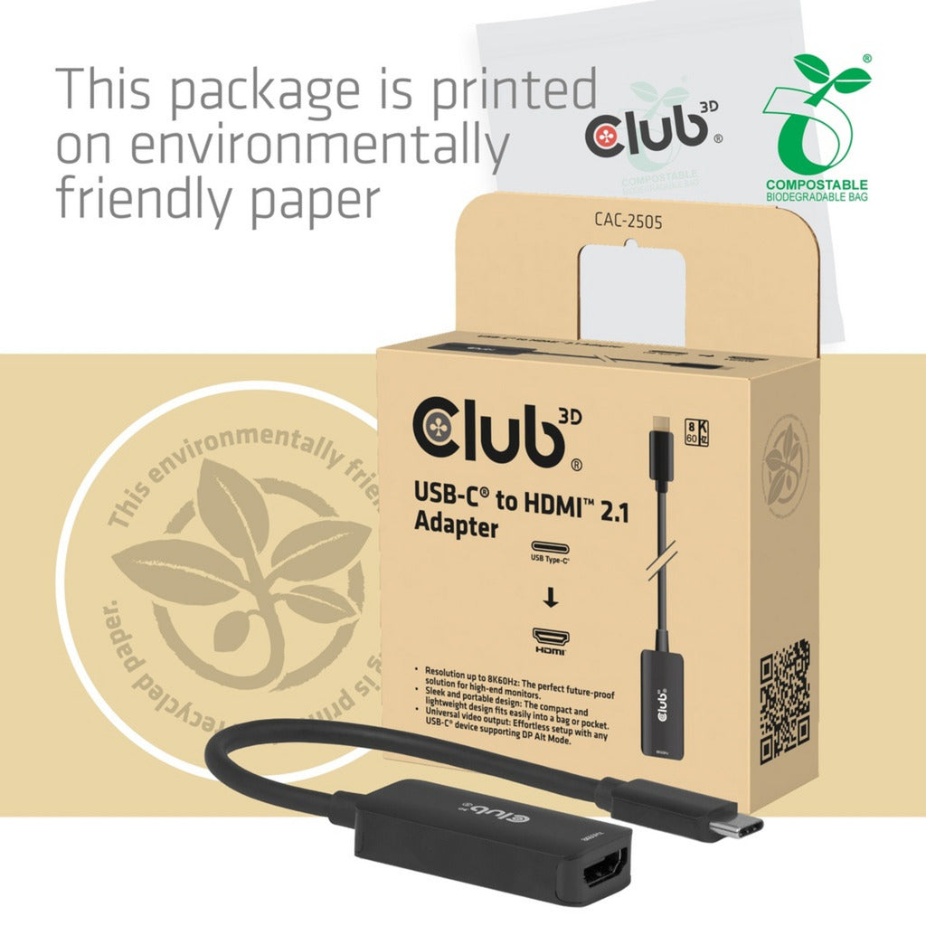 Club 3d cac-2505 usb-c naar hdmi 2.1 adapter 8k60hz (zwart)