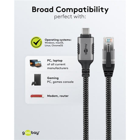 Goobay Netzwerkadapter USB-C 3.2 gen1 auf RJ-45 (Schwarz Silber, 2 Meter)