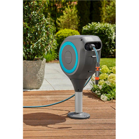 Gardena Terrassenschlauchbox Rollup-Schlauchtrommel (Grau-Türkis, 20 Meter, inkl. Reinigungsspritze)