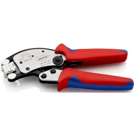 Knipex Twistor 16 selbsteinstellende Crimpzange für Aderendhülsen (rot blau, mit drehbarem Crimpkopf)