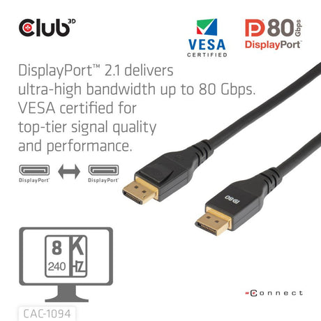 Club 3D-zertifiziertes Displayport 2.1 Vesa DP80-Kabel (schwarz, 2 Meter, 8k 240 Hz, 10k 60 Hz, 80 Gbit/s)