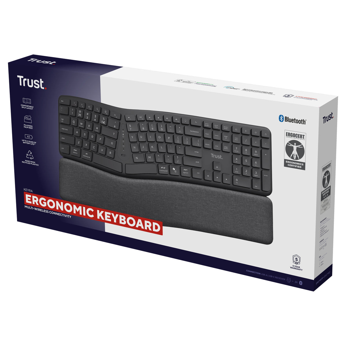 Trust Keyra ergonomische kabellose Tastatur (schwarz, US-Layout (QWERTY), 100 %, 2,4 GHz USB | Bluetooth)