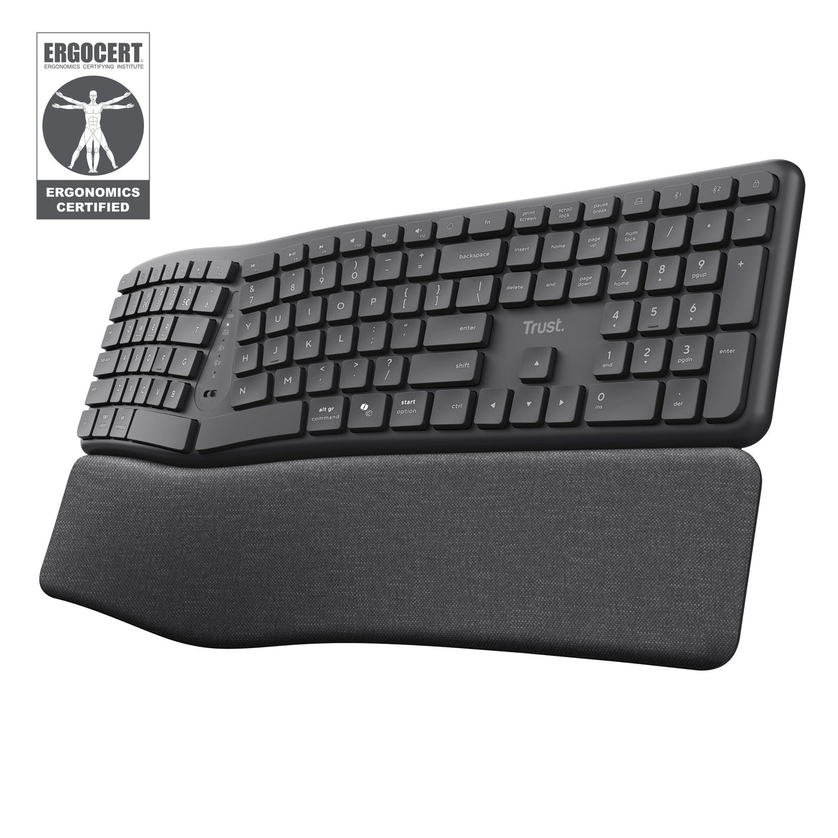 Trust Keyra ergonomische kabellose Tastatur (schwarz, US-Layout (QWERTY), 100 %, 2,4 GHz USB | Bluetooth)