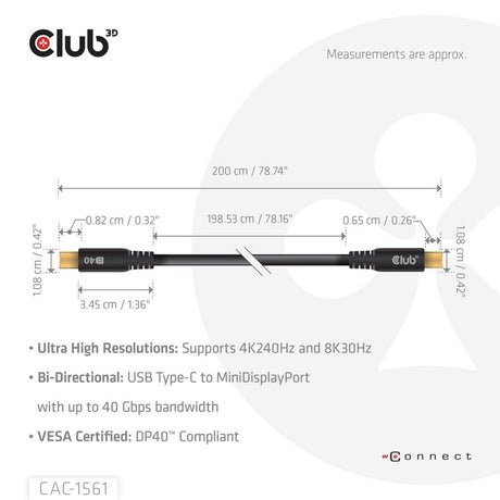 Club 3D USB-C auf Mini DisplayPort DP40 Bidirektionaler Adapter (Schwarz, 2 Meter, Vesa-zertifiziert)
