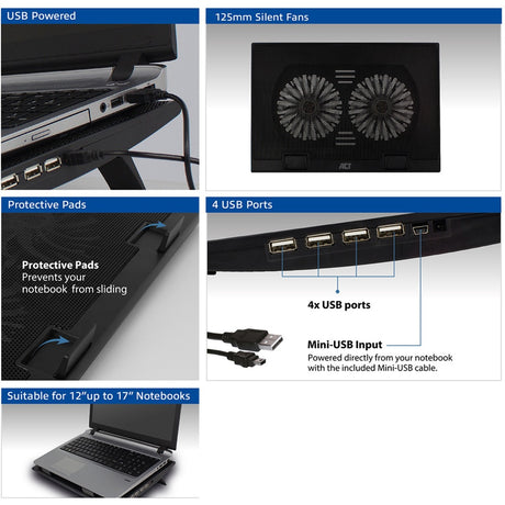 Act Connectivity Laptopständer, mit Lüfter, höhenverstellbar in 2 Positionen (schwarz, 4-Port USB 2.0 Hub)