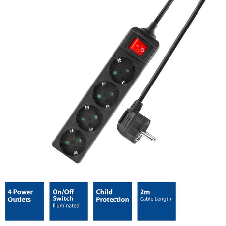 Act Connectivity Act Steckdosenleiste mit Leuchtschalter, 4 Steckdosen, 2 m, schwarz AC2440