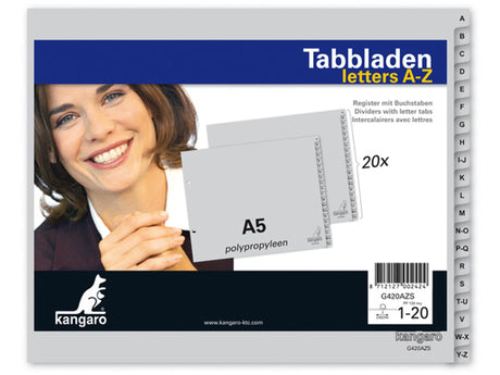 Tabs Kangaro PP 120g m2 18x21 22,5cm grau 20-teilig A-Z 2-Loch bedruckt