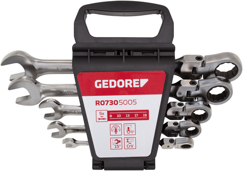 Gedore rot r07305005 | Ratschen-Ringschlüssel-Satz mit Kniegelenk | 8 - 19mm | 5-teilig - r07305005
