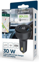 Gembird USB + USB-C Autoladegerät | 30w | schwarz | Status-LCD - 9540114