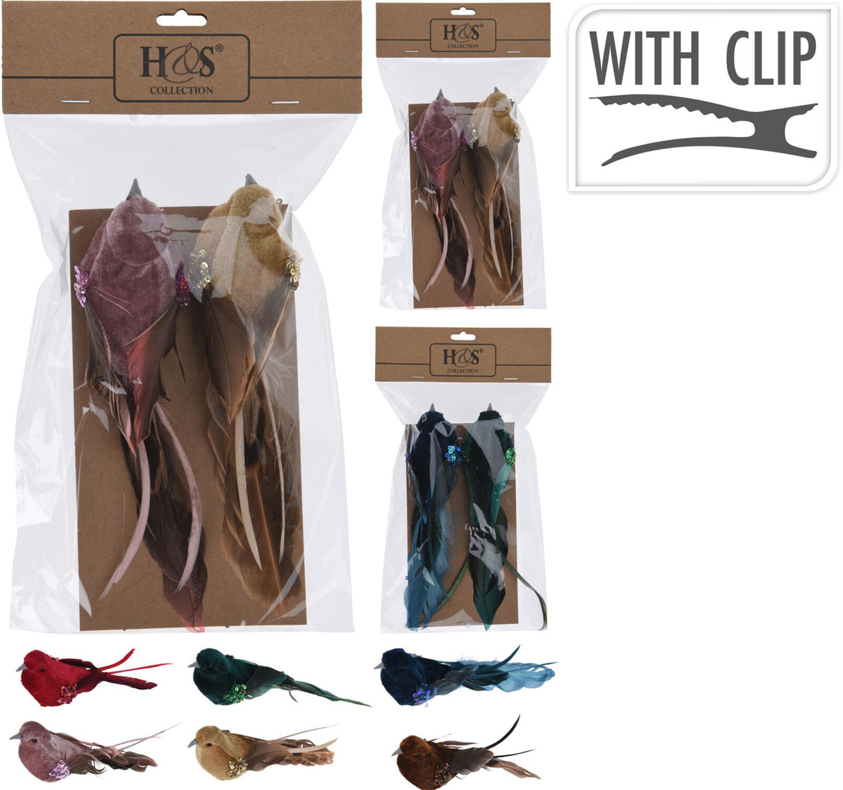 Home styling vogel op clip set van 2 stuks verkrijgbaar in 3 verschillende kleuren