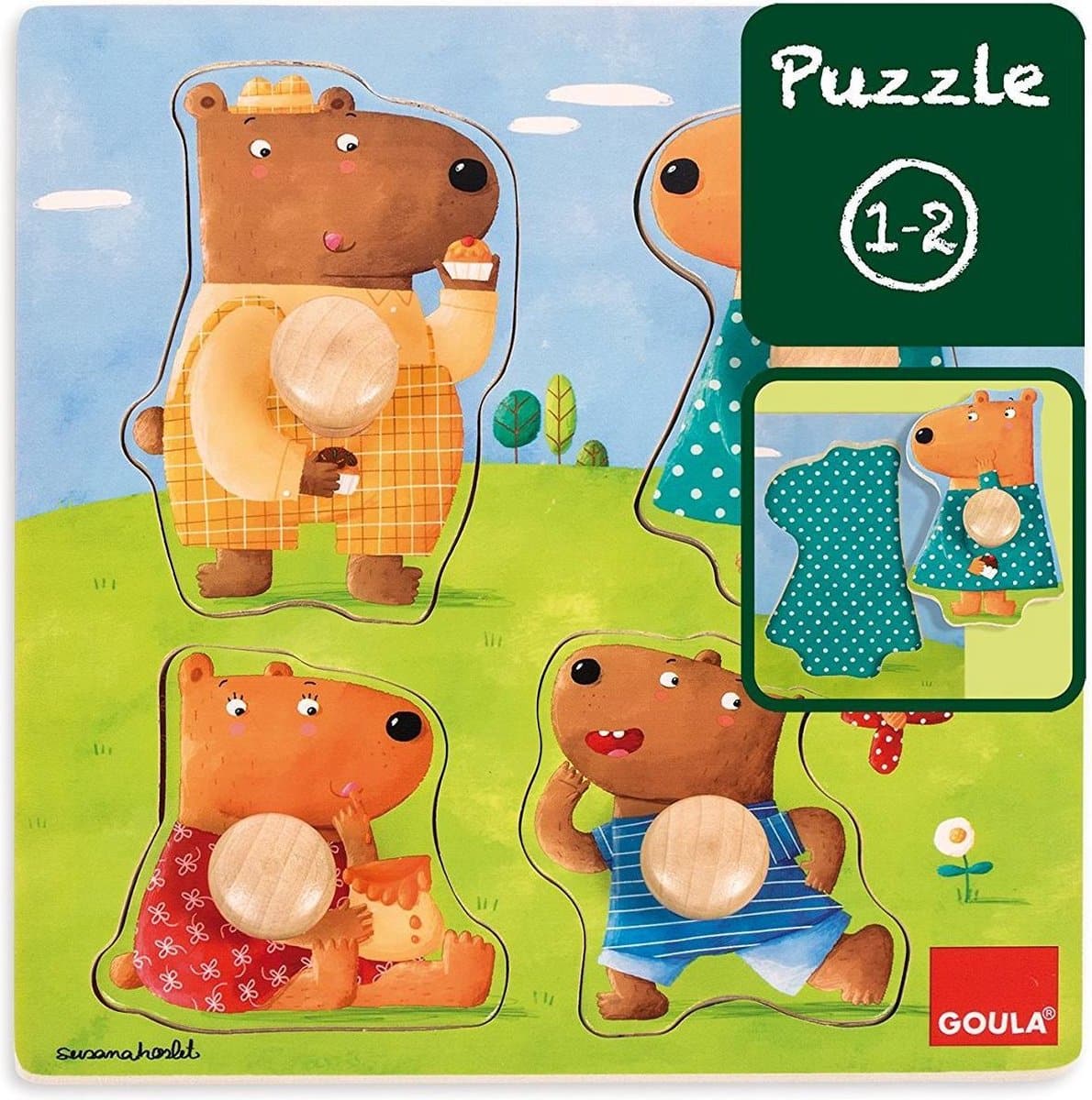 Goula-Puzzle - Holzknopfpuzzle mit 4 Bären - 4 Teile