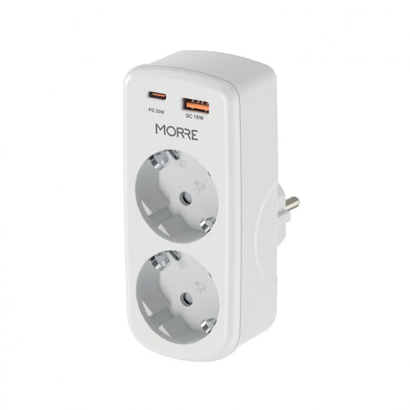 Morre-adapper aangedreven 4w1 2 contactdozen, usb-c 20w pd, usb-a 18w qc