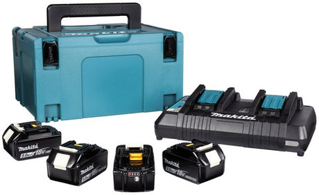 Makita-Zubehör 18-V-Li-Ionen-Akku-Starterset 197626-8 (4x BL1850B 5,0 Ah) + Duo-Ladegerät DC18RD in MBox – 197626-8