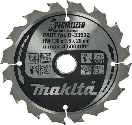 Makita Zubehör Kreissägeblatt | Holz | 136x20x1,5 16t 20g - b-33532
