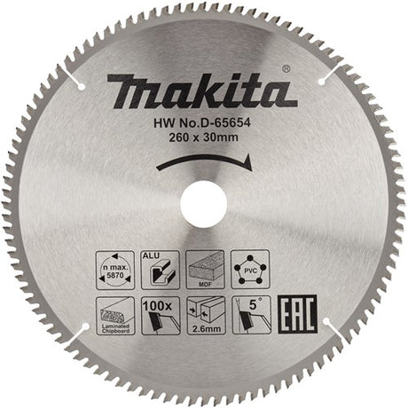 Makita Zubehör D-65654 Kappsägeblatt | verschiedene Materialien | 260x30x2,6 | 100t | 5g - d-65654