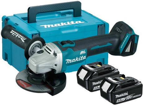 Makita dga506rtj 18 V Winkelschleifer 125 mm 5,0 Ah Akku (2 Stück), Schnellladegerät, Mbox, mit Sperrschalter