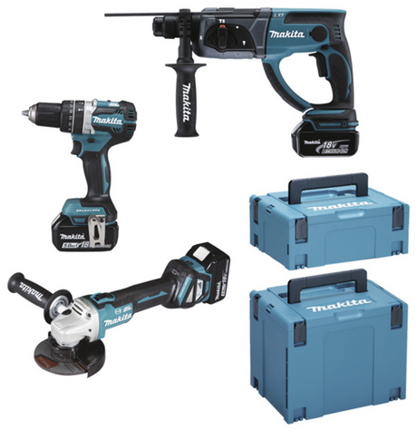 Makita DLX3093TJ 18V LXT 3-teiliges Set: Winkelschleifer DGA513 + Schlagbohrmaschine DHP484 + Bohrhammer MR202 mit 3 x 5,0-Ah-Akkus - DLX3093TJ