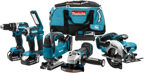 Makita dlx6082t Combo-Set 18 V Li-Ion mit 3 x 5,0 Ah-Akkus – für (Schlag-)Bohrmaschinen, (Schlag-)Schrauben, Sägen und Schleifen – dlx6082t