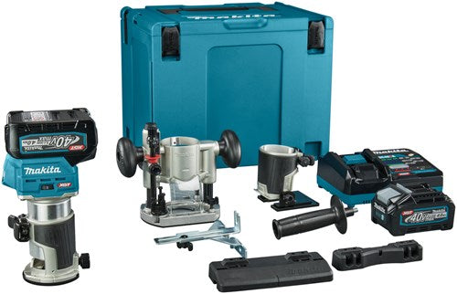 Makita rt001gm206 Ober- und Kantenfräse | 40 V max. | 2 x 4,0 Ah Akku + Schnellladegerät | inkl. diverse Füße + Führungsschienenadapter | in mbox - rt001gm206