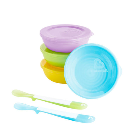 Munchkin Kindergeschirrset Love-a-Bowls – 10-teiliges Geschirrset für Kinder – 4 Schüsseln, 2 Löffel und 4 Deckel – Kindergeschirr – ab 4 Monaten – spülmaschinenfest – mikrowellengeeignet