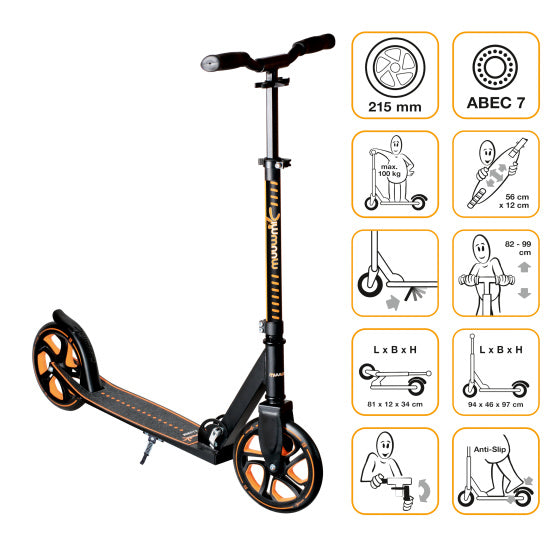 Muuwmi 2-Rad-Kinderroller, faltbar, mit Fußbremse, Schwarz, Orange