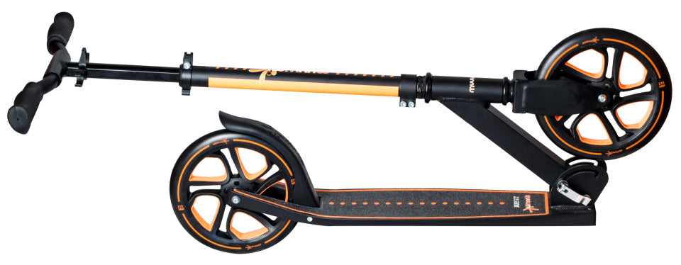 Muuwmi 2-Rad-Kinderroller, faltbar, mit Fußbremse, Schwarz, Orange