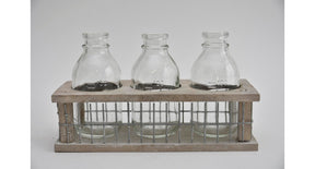Tray hout gaas met 3 flessen grey wash 21x8x11cm