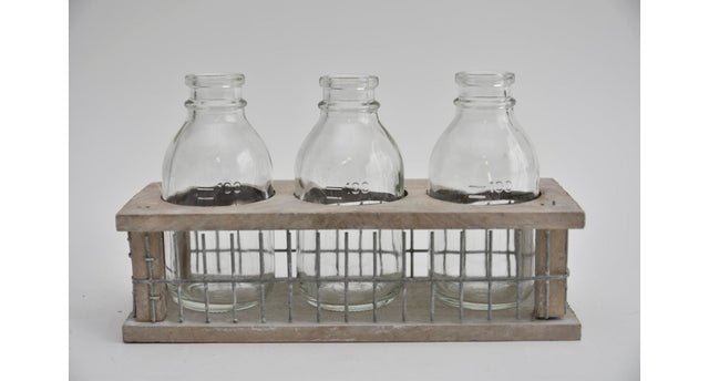 Tray hout gaas met 3 flessen grey wash 21x8x11cm