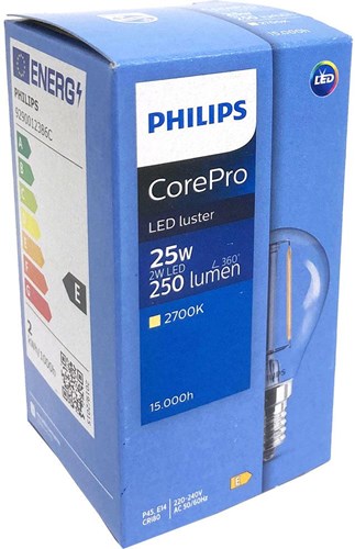 Philips led kogel e14 2-25w 2700k filament helder - led3727