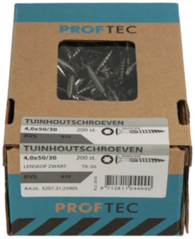 Proftec Gartenholzschraube Edelstahl-410 LK schwarzer Kopf + Schneidspitze Torx TX20 4,0x40 24 | 200 Stück - 5207.31.25605