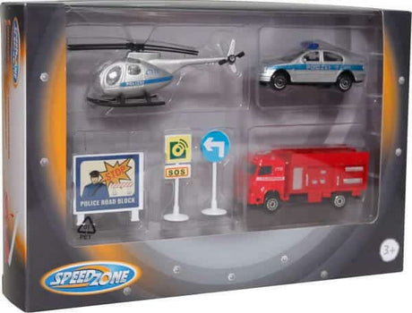 Vedes Feuerwehr, Polizei und Hubschrauber, deutsch mit Verkehrsschildern