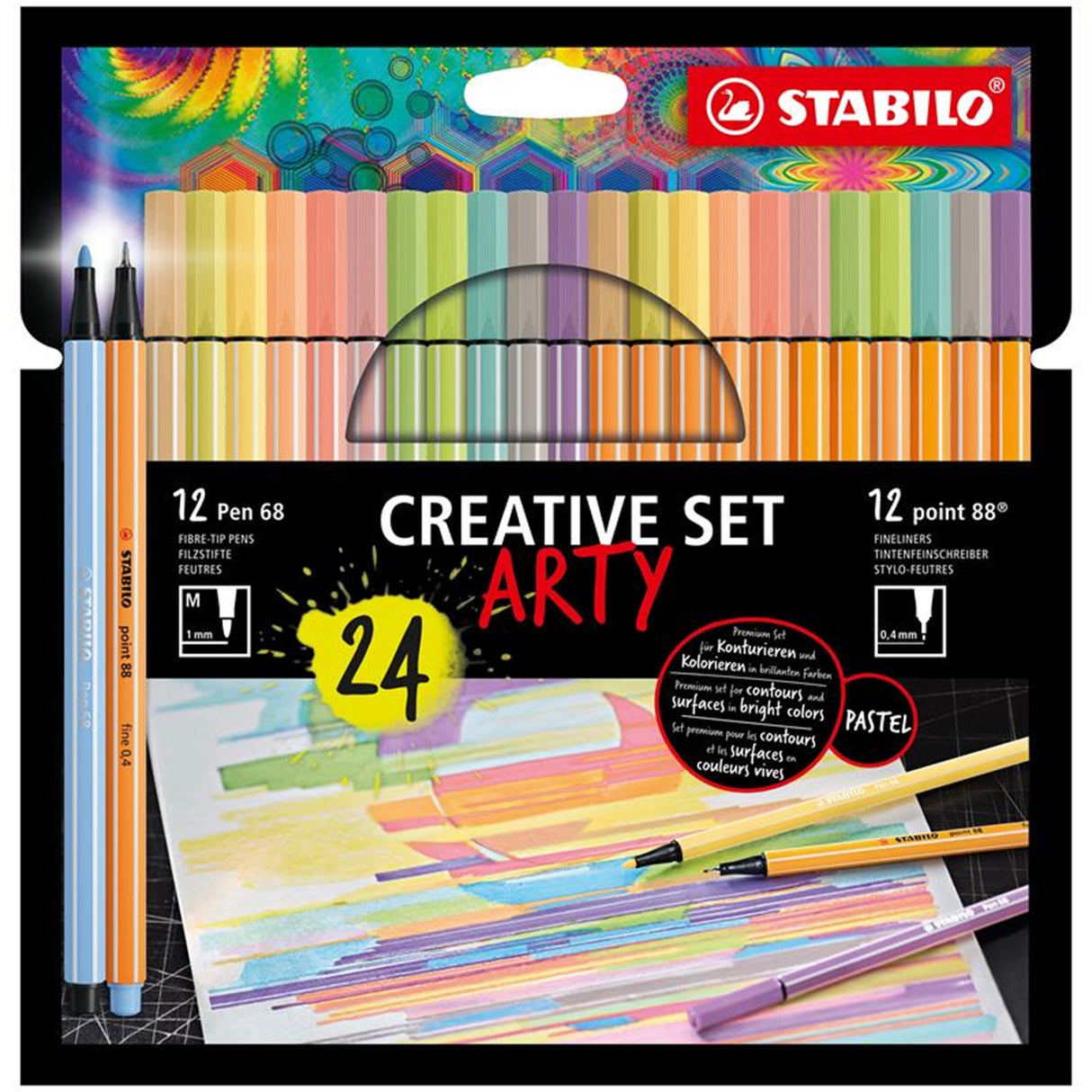 Stabilo Arty Kreativset Stift 68 Punkt 88 Federmäppchen mit 24 Farben, 12 Filzstiften und 12 Finelinern